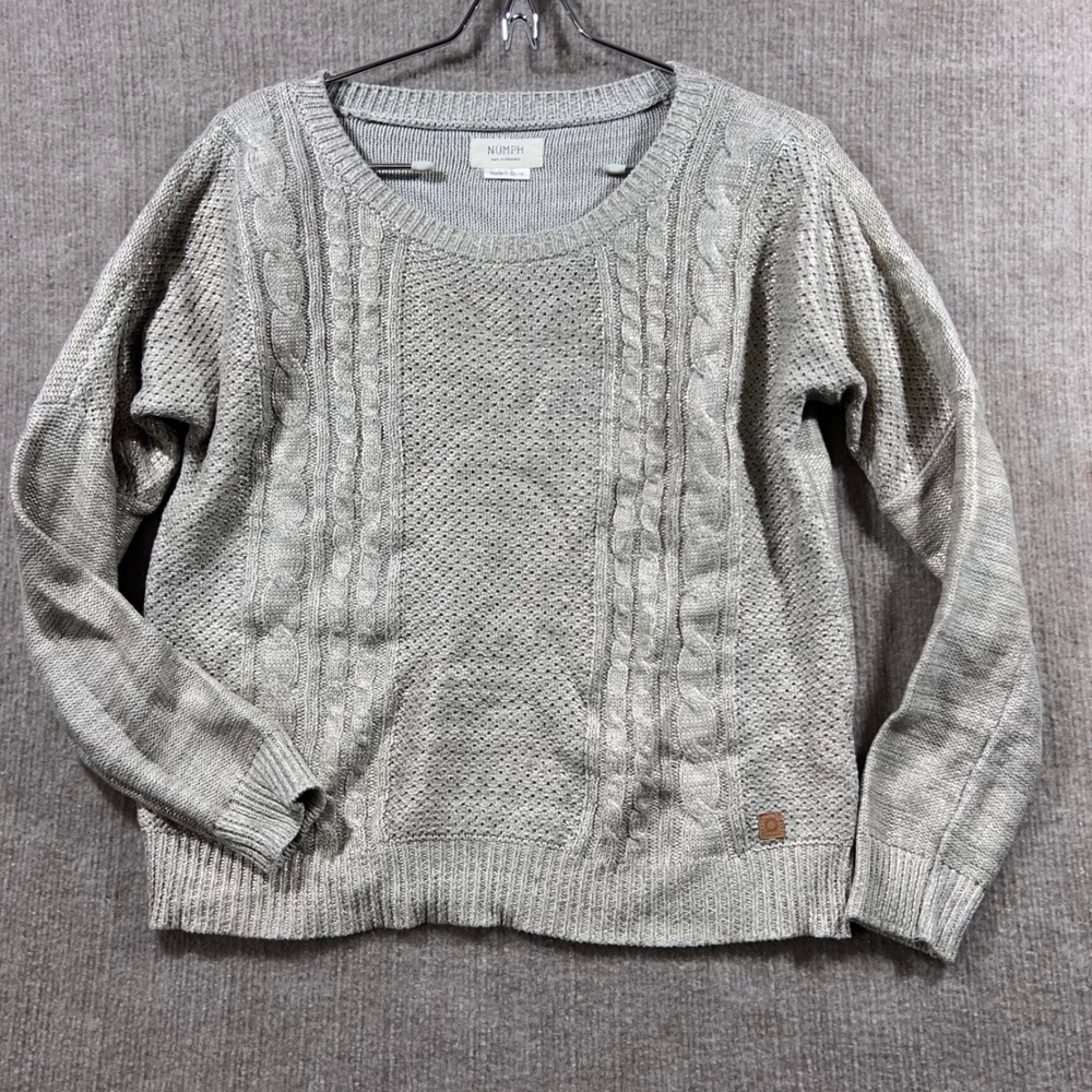 NUMPH Natalie Cable Knit Sweater Light Grey Metallic Sparkle Size M